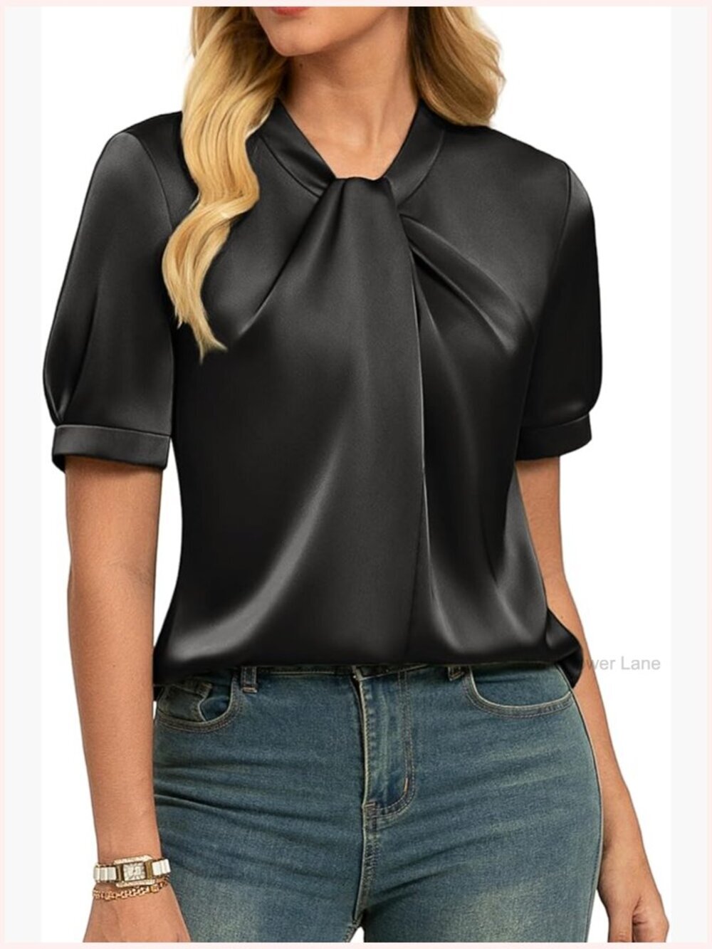 Satin Mock Neck Blouse Short Sleeve Work Shirt Business Casual Tops